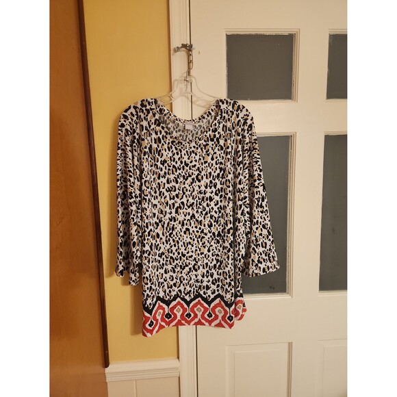 Chico's Leopard-Print 3/4 Sleeves Tunic Top w/ Red Trim Size 2 US 12/14 - Picture 1 of 9